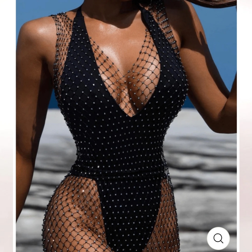 BLACK FISHNET MIDI DRESS - Picture 2 of 3